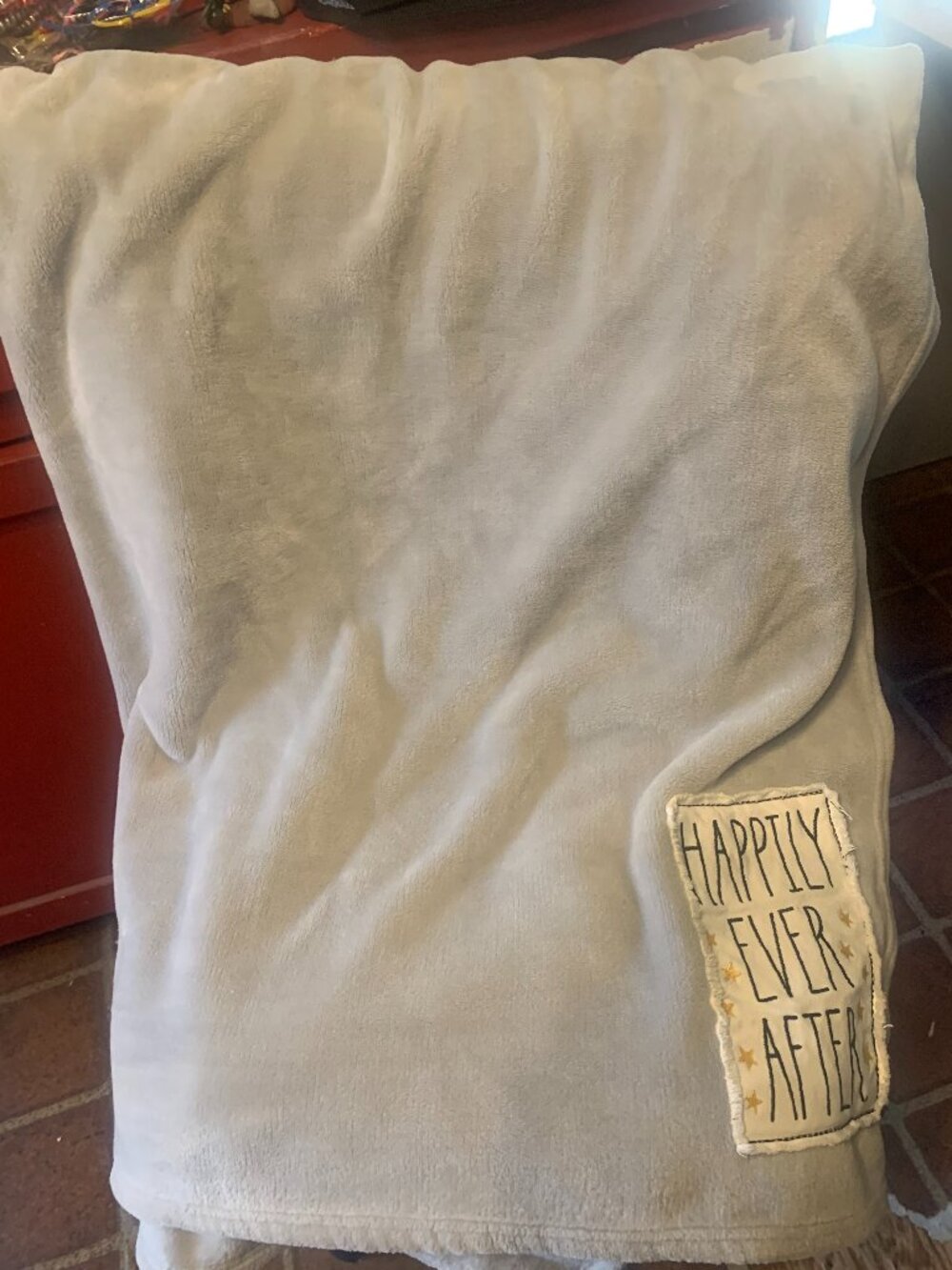 Rae Dunn " Happily Ever After" Grey Plush Throw Blanket SELLING AS IS